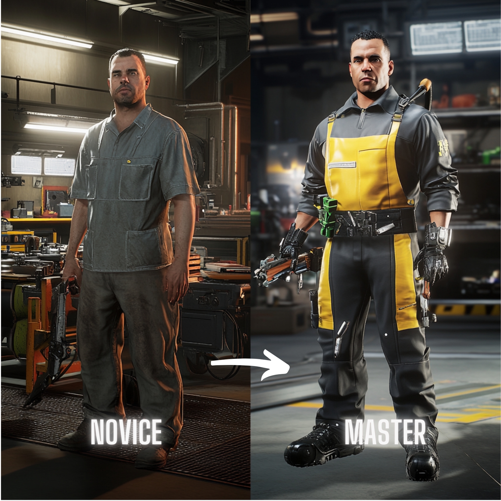 A guild member transformed from a ragged appearance to a skilled artisan after ranking up.