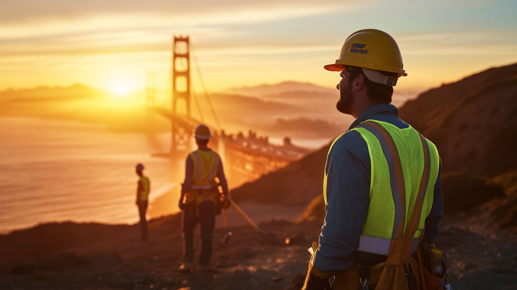 Masters' Guild blue-collar workers near California’s coastline, with the Golden Gate Bridge or Malibu Beach in the background. The sunset casts a golden glow as they work in safety gear, smiling and focused.