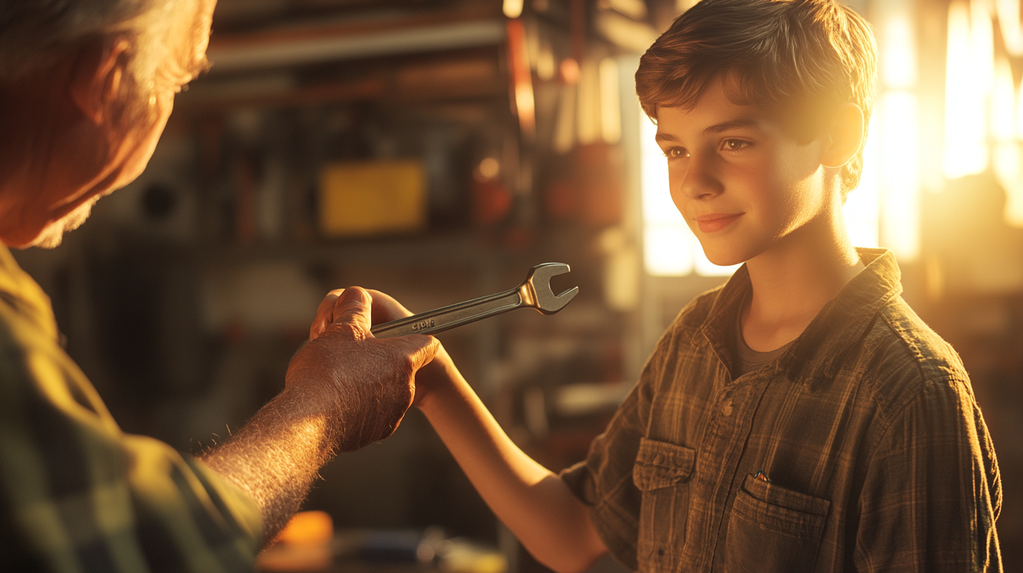 A young technician receiving a wrench from an older hand inside a workshop, symbolizing mentorship and opportunity in skilled trades. Masters’ Guild empowers the next generation of tradespeople.