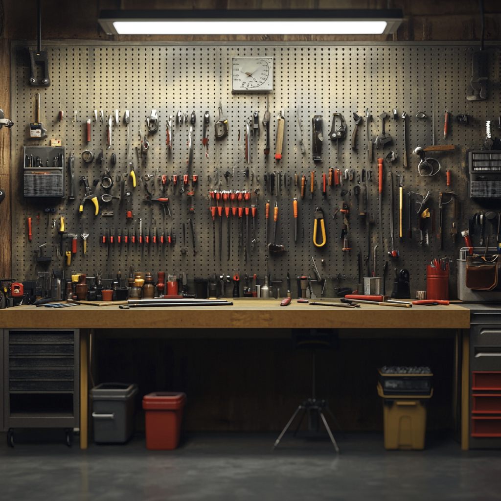 An organized tool wall in a well-lit workshop, reflecting Masters’ Guild’s focus on transparency, structure, and professional standards—no fluff, just clean systems.
