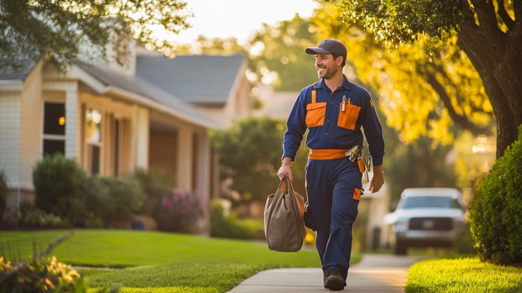 A friendly technician from the Masters' Guild walks down a sunny neighborhood street toward a client’s home, representing local, reliable service just a click away.
