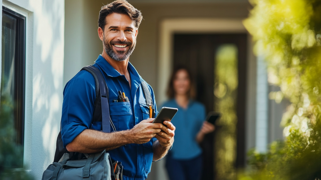 A trusted technician from the Masters' Guild arrives at a customer's door, ready to begin the job — symbolizing hassle-free, expert service booked through the app.