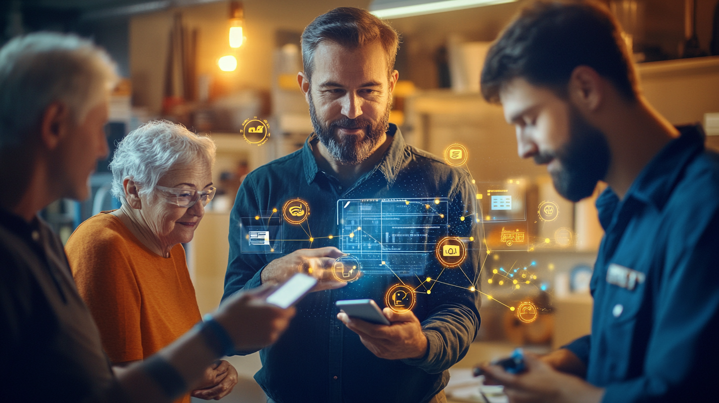 A realistic scene showing Masters’ Guild technology in action: a homeowner using voice input, a technician on-site, and floating UI elements symbolizing a connected service ecosystem.