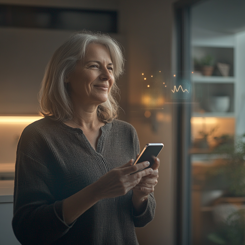 A homeowner using voice input on the Masters' Guild app, with digital UI elements like chat bubbles and sound waves, illustrating the AI-powered conversational experience.