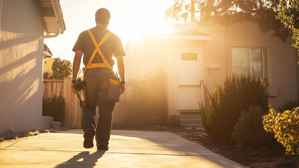 A technician walking confidently toward a job site under natural sunlight, symbolizing career growth and opportunity — a proud member of the Masters' Guild.