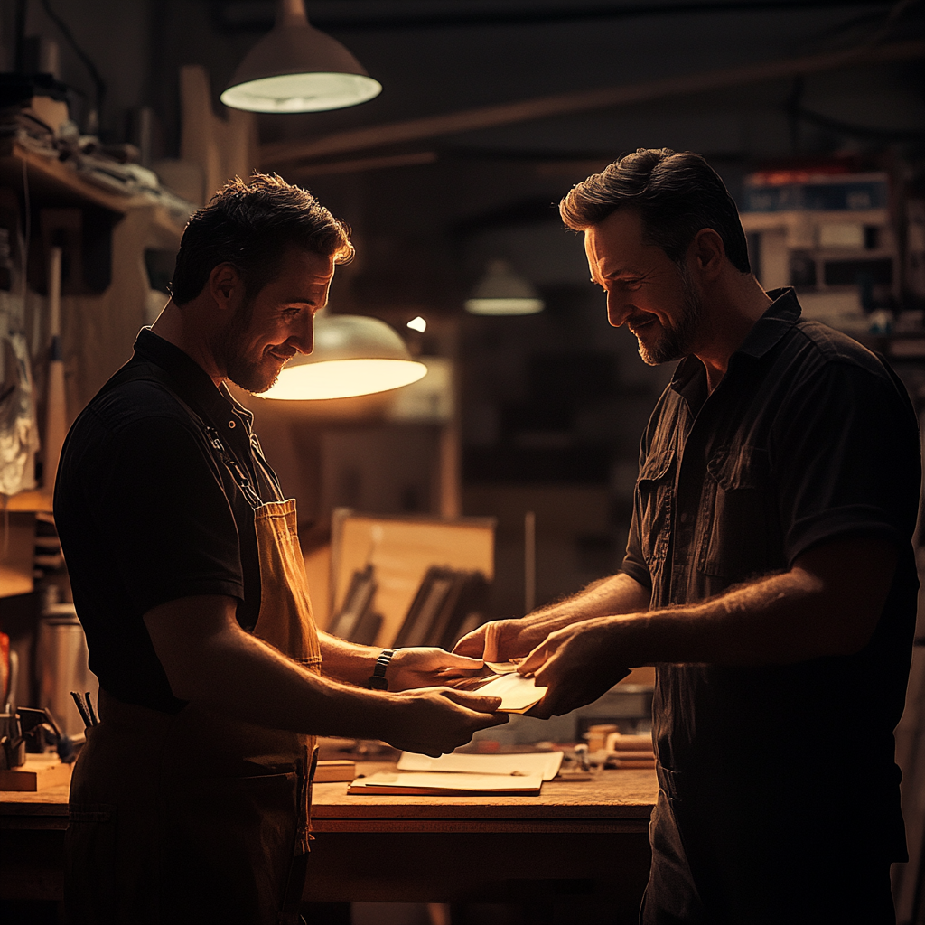 A skilled technician delivering a completed job to a satisfied client, symbolizing trust built through results. Masters’ Guild proves quality through consistent delivery and performance.
