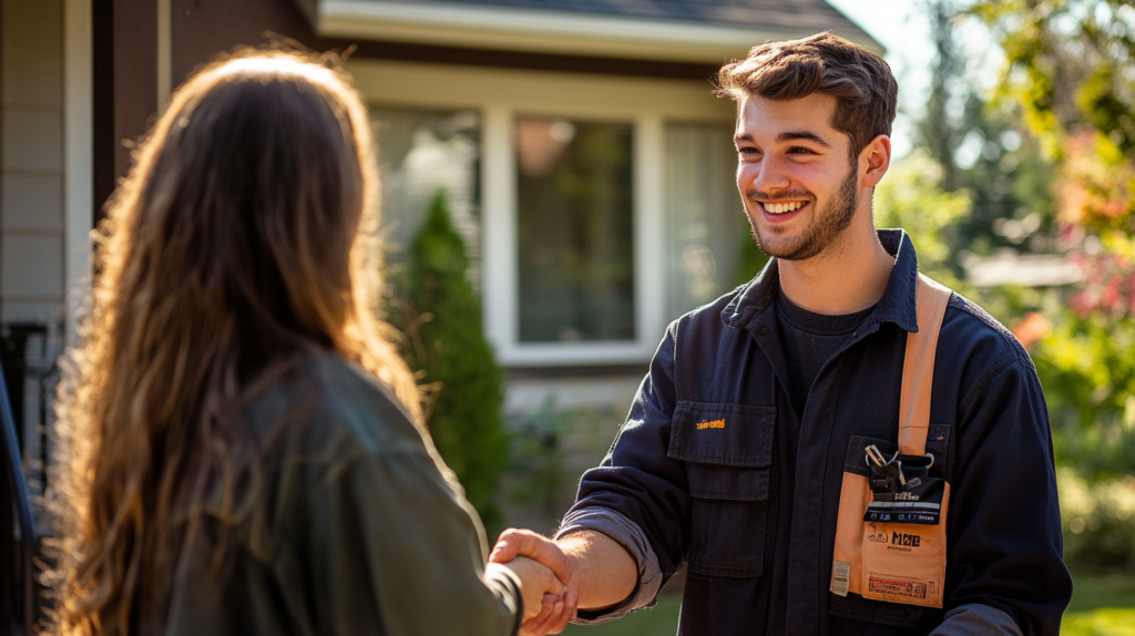 Masters' guild pro shaking hands with customer.