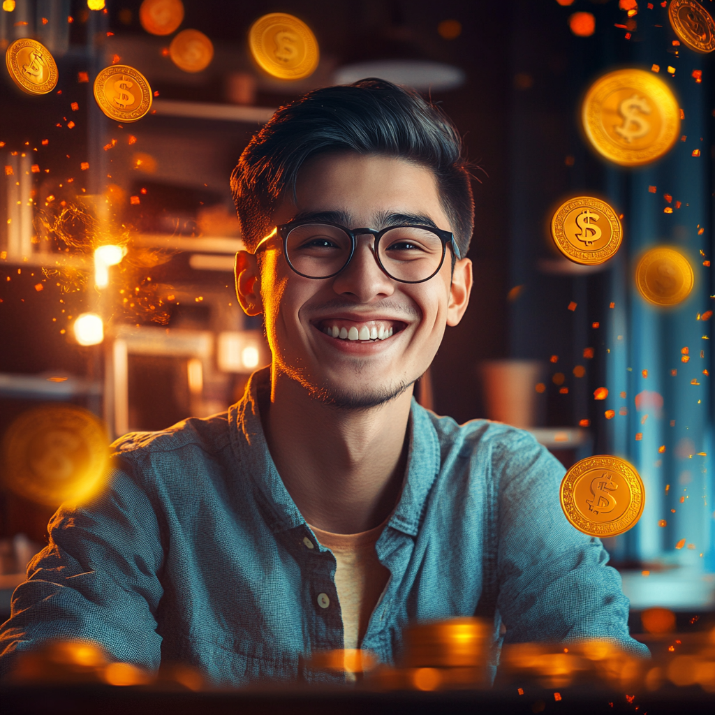 A skilled professional smiling after completing a quest on the Masters’ Guild app, surrounded by digital elements like gold rewards, rank badges, and community tools—representing the benefits of being a Guild Pro.