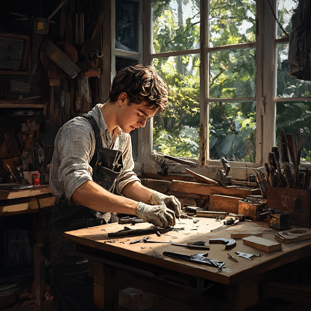 A young tradesperson focused on a detailed repair task, representing skill earned through work—not titles. Masters’ Guild emphasizes hands-on experience and credibility built on action.